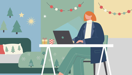 Woman working remotely on laptop in a cozy Christmasdecorated home office