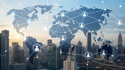 A digital map overlay with connected user icons against a city skyline, symbolizing global networking and communication.