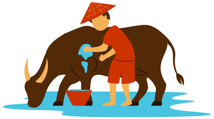 Farmer Bathing Buffalo Illustration. Editable color vector