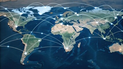 A digital map showcasing global connectivity with lines representing networks across continents and oceans.