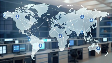 A digital world map highlighting global connectivity with user icons and network lines, set in a modern office environment.