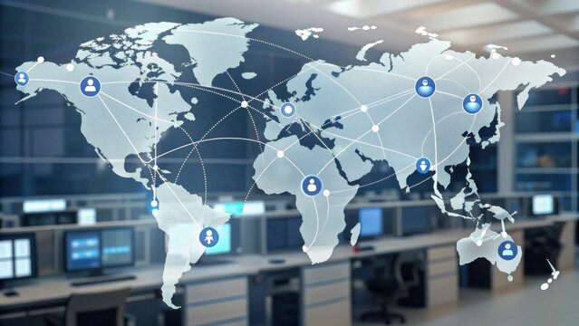 A digital world map highlighting global connectivity with user icons and network lines, set in a modern office environment.