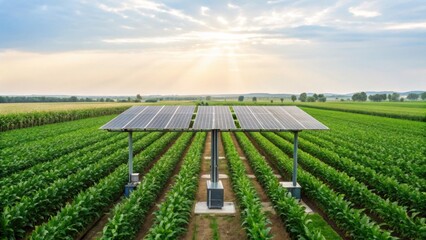 Aerial view of solar panels installed over lush green crops, showcasing sustainable agriculture and renewable energy under a cloudy sky.