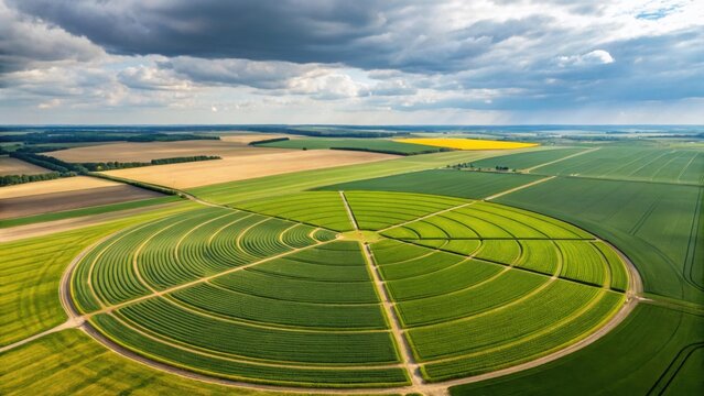 Aerial view of lush, green fields arranged in circular patterns, showcasing agricultural beauty under a dramatic sky.