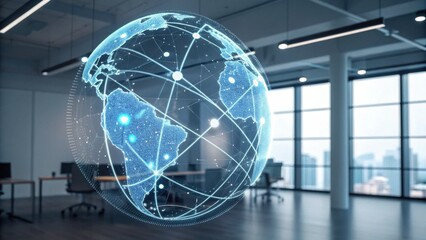A digital globe projection in a modern office setting, highlighting global connectivity with a network of lines and lights.