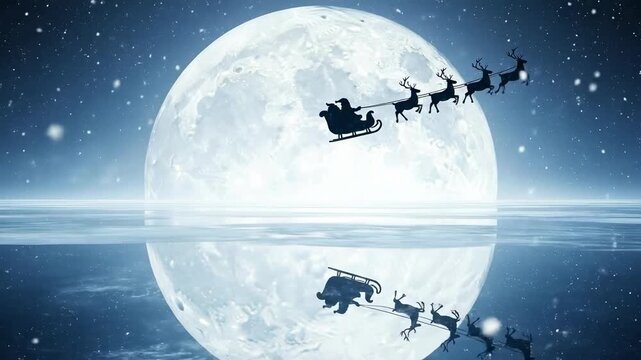 Festive Christmas Scene with Santa Claus Sleigh and Reindeer under Full Moon