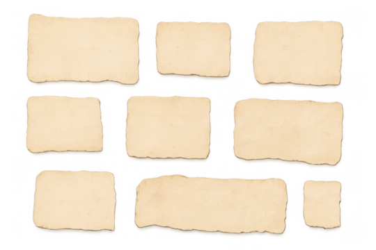 Collection of torn parchment pieces, aged paper scraps, vintage blank notes, empty antique textured backgrounds