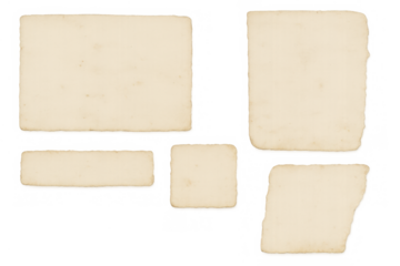 Vintage paper scraps collection with varied shapes, aged and blank, providing texture, template, and design elements on transparent background