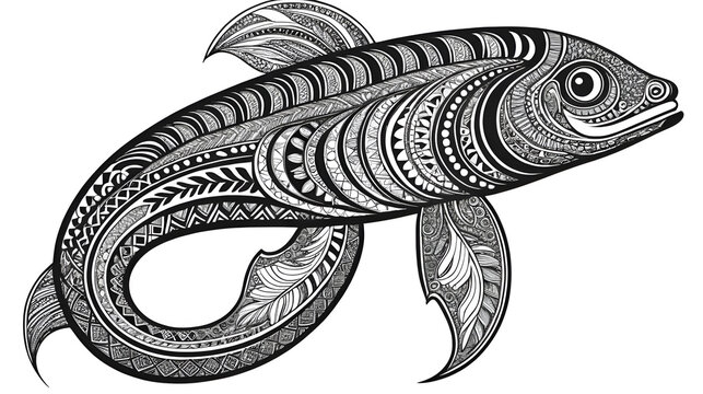 Lungfish silhouette ornate tribal style, Decorative lungfish drawing black and white