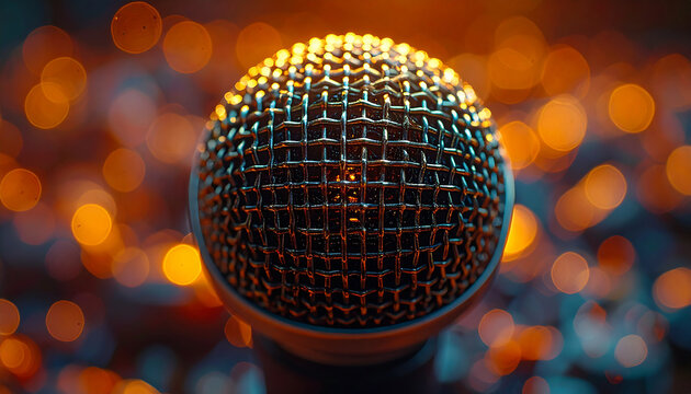 Golden Microphone: A captivating close-up of a microphone against a blurred background of warm, inviting lights, hinting at a stage performance.