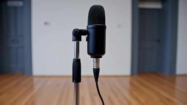 Studio microphone on stand capturing clear audio for recording session footage