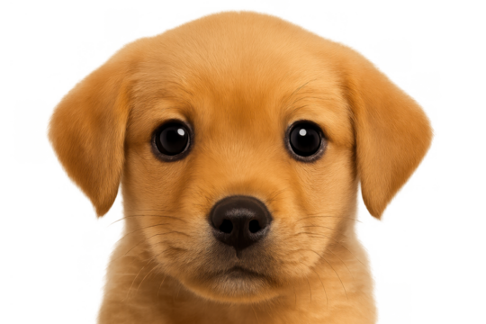 Golden retriever puppy head close-up, showing its innocent face and soulful eyes. A cute and furry domestic pet, background transparent