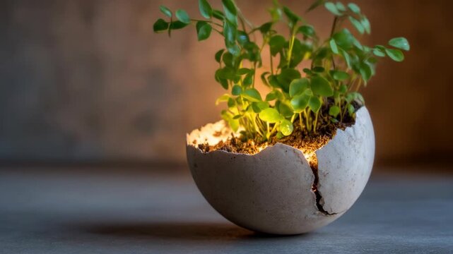 Eggshell planter green plant sprouting in cracked eggshell