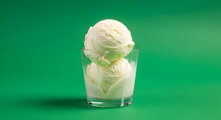 A clear glass filled with three scoops of vanilla ice cream placed against a vibrant green background showcasing a refreshing dessert presentation