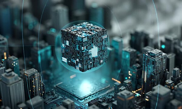 Abstract digital representation of a small luminous cube with intricate geometric patterns suspended in a dark void symbolizing information and technology