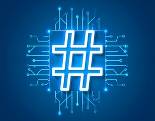 A digital neon hashtag symbol set on a circuit board, glowing over a blue background