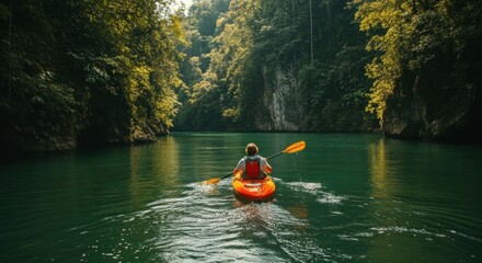 Adventurous solo kayaker exploring serene emerald water surrounded by dense tropical jungle and majestic limestone cliffs