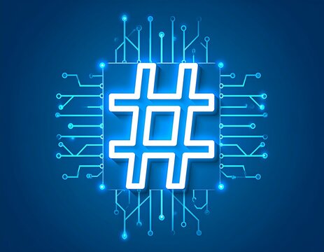A digital neon hashtag symbol set on a circuit board, glowing over a blue background - Powered by Adobe