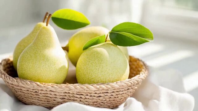 Pear Basket: Fresh, ripe pears sit elegantly in a woven basket, radiating natural freshness and inviting a taste of organic goodness.