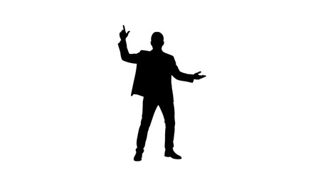 Silhouette of a person in a suit, with one arm raised pointing upwards and the other open