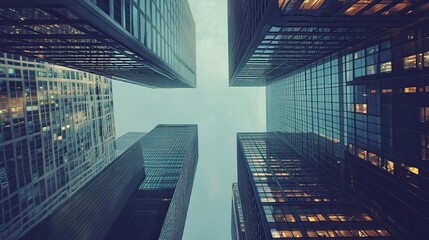 Low angle view of skyscrapers reaching towards a pale sky.