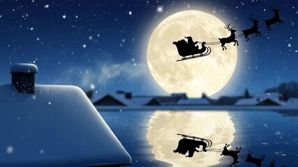 Magical Winter Scene with Santa in Sleigh and Reindeer Flying Over Snowy Village Under Full Moon - Powered by Adobe