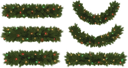 Festive evergreen garlands adorned with colorful twinkling lights, perfect for holiday decoration