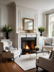 Fototapeta premium A luxurious, white fireplace is prominently displayed within a grand, paneled room. A roaring fire burns brightly within the brick fireplace.