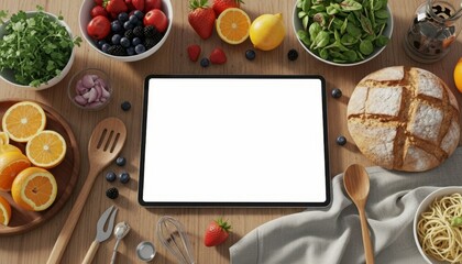 Blank Tablet Screen Kitchen Recipe Healthy Food.