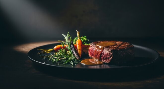 Perfectly Grilled Steak Fillet Mignon Dark Plate.