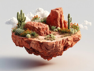 Floating desert island ecosystem with vibrant cacti and striking red rock.