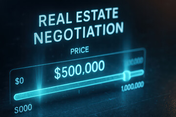 Obraz premium Real estate negotiation price slider digital interface showing mid range value for property cost in futuristic holographic style