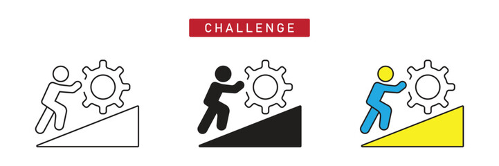 Business Challenge Icon: Person Pushing Gear Up Hill, Difficulty, Effort, and Struggle Symbol.