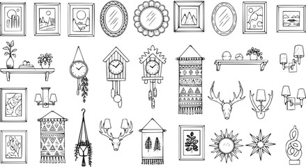 Hand-drawn Home Decor Sketch Collection: Wall Art, Mirrors, Clocks, Shelves, Wall Lights, Macrame, and Decorative Objects. Doodle Style Interior Design Elements.