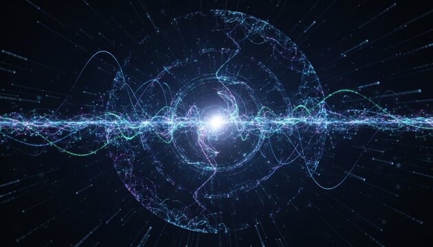 Abstract tech background with swirling energy and light particles