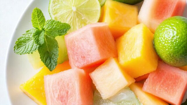 Delicious Fruit Salad: A vibrant close-up of a refreshing fruit salad, showcasing colorful, perfectly diced pieces of melon, citrus, and a sprig of mint, all artfully arranged in a pristine bowl.