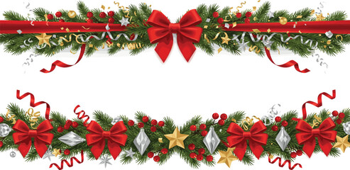 Festive Christmas Garland with Red Bows, Ornaments, and Pine Needles for Holiday Decorations