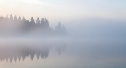 Fototapeta premium Ethereal serenity unfolds as mist blankets the lake, reflecting the silhouette of trees in a tranquil dance of nature's artistry, evoking peace and escape into the wilderness