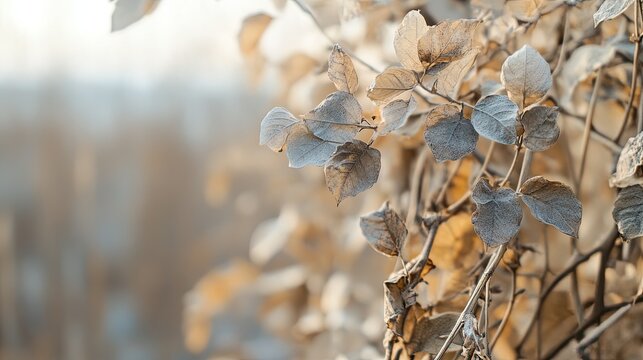Close-up of dried, pale beige leaves on a vine in soft sunlight.