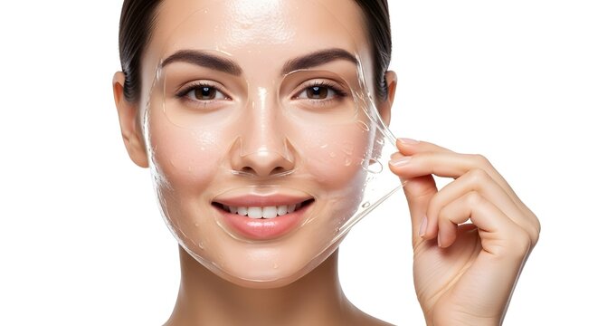 Young Woman Peeling Off a Clear Face Mask for Healthy, Radiant Skin