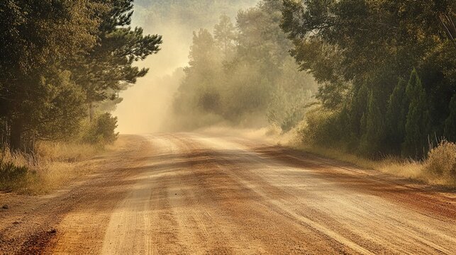 Dusty road disappearing into hazy forest. - Powered by Adobe