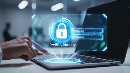 Digital Security Login Verification on Laptop Screen with Global Network Map Cybersecurity Concept. - Powered by Adobe