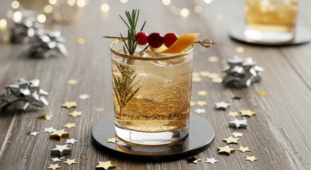 Festive Holiday Cocktail Drink with Rosemary  Berries.