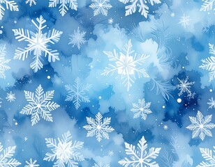 A digitally-rendered, snowy scene featuring white snowflakes on a watercolor-textured blue backdrop