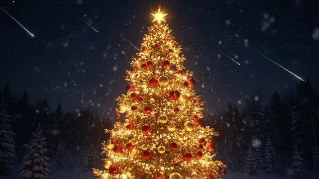 Stunningly Decorated Christmas Tree with Twinkling Lights and Ornaments in a Winter Landscape