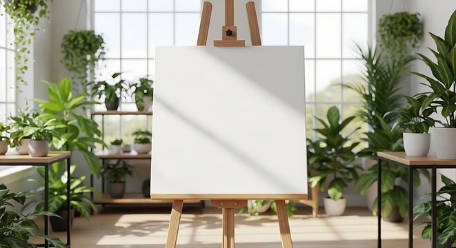 Blank White Canvas on Wooden Easel in Bright Indoor Garden Studio - Powered by Adobe