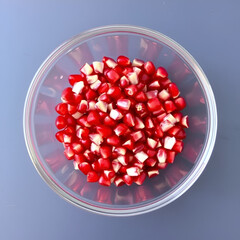 Pealed pomegranate seeds in a glass rectangular bowl