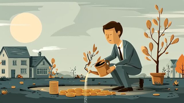 Businessman pouring coins into the ground in a serene landscape, symbolizing investment and growth