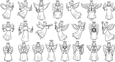Set of Hand Drawn Outline Angels with Wings and Halos, Christmas and Religious Themes