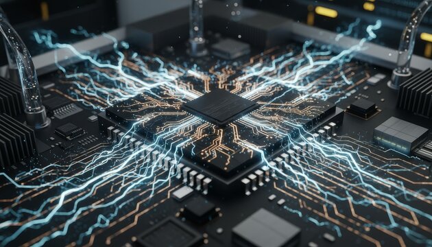 Glowing AI processor chip with energy pulses on circuit board